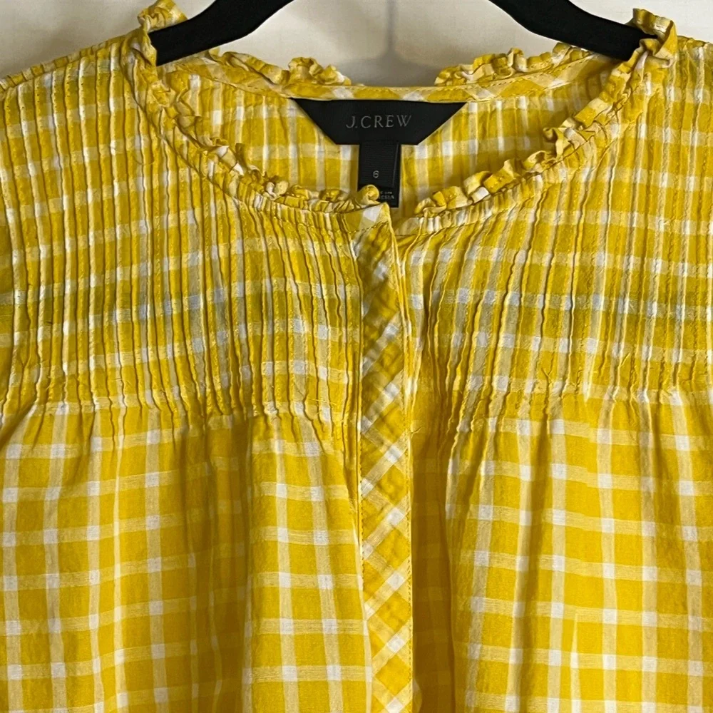 J. Crew Women’s Size 6 Yellow Gingham Ruffled Neckline Pleated Bib Cotton Top